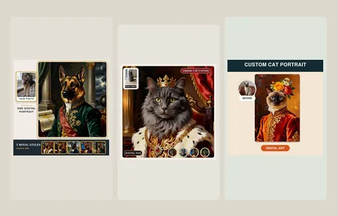 Three examples of royal pet portraits pet artwork
