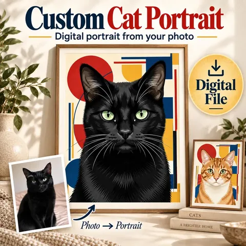 Black cat portrait with colorful geometric shapes in a room display