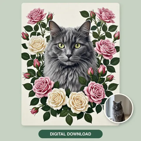 Botanical cat portrait with pink and cream roses