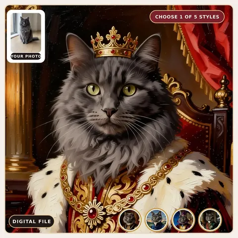 Gray cat wearing a crown and royal robes