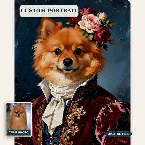 Pomeranian wearing a floral crown and ornate clothing