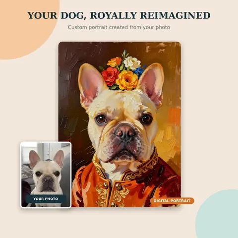 Dog wearing a floral crown and dark regal outfit