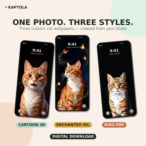 Three phone mockups displaying personalized cat wallpapers