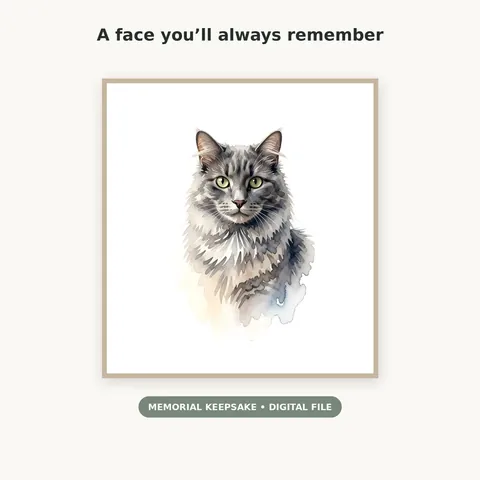 Gray cat watercolor portrait presented in a light frame