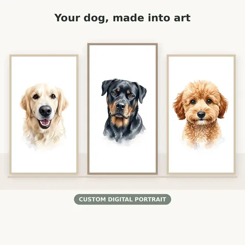 Three examples of dog portraits with soft watercolor edges