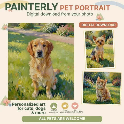Dog and cat portraits in a colorful painterly garden style