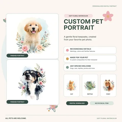 Floral watercolor pet portrait examples and listing information
