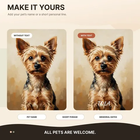 Two versions of a Yorkshire Terrier portrait showing text personalization
